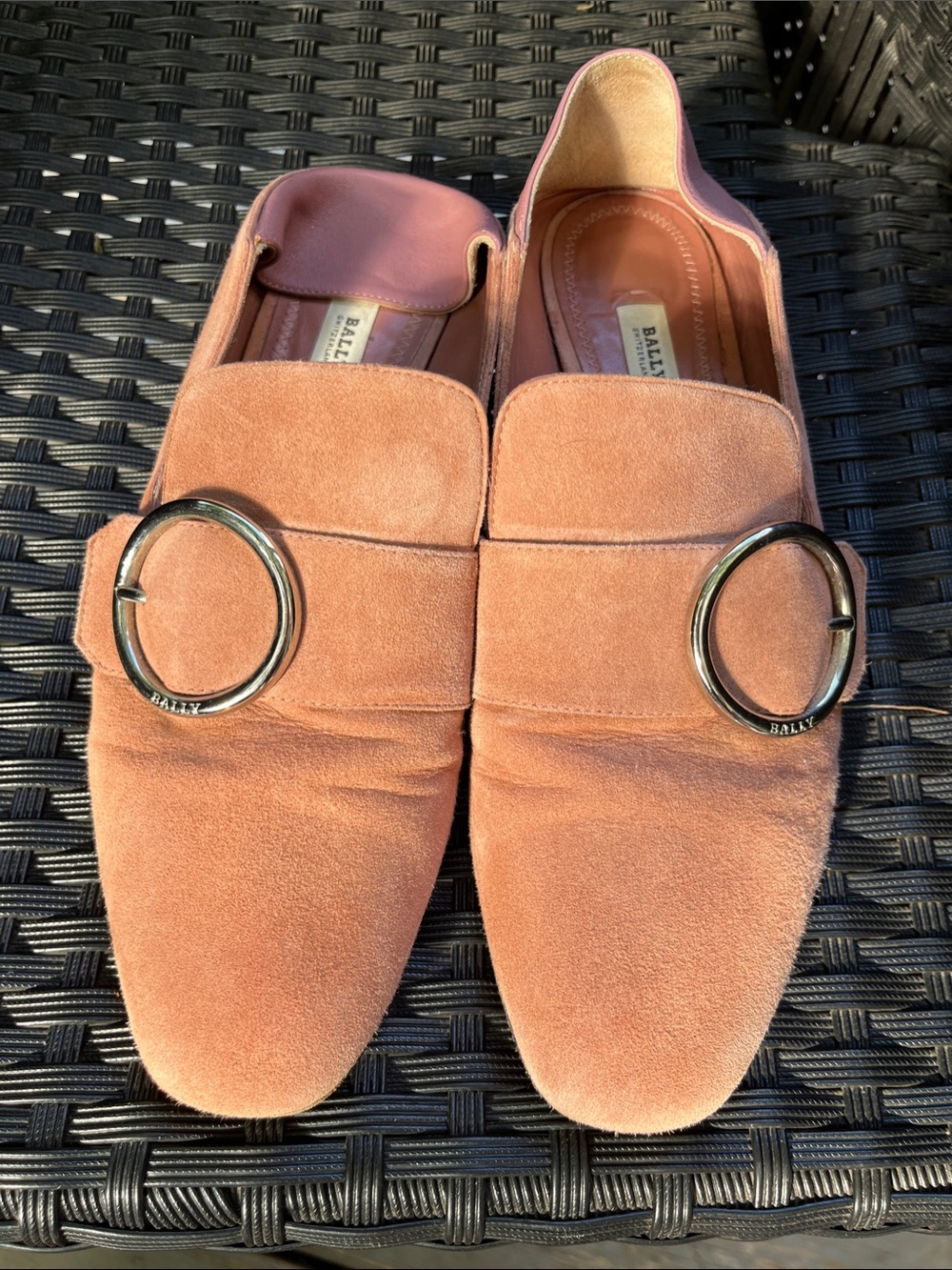Bally Dusty Rose Suede Loafers with Silver Ring Buckles